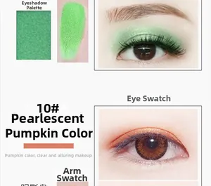 Macro shot of 10# shimmer pumpkin eyeshadow with arm swatches and eye makeup look