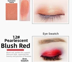 Close-up of shimmer crimson eyeshadow palette with arm swatches and eye makeup look