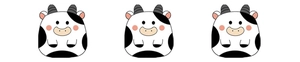 Three cute cartoon cow plush toys with black and white spots in a minimalist row display