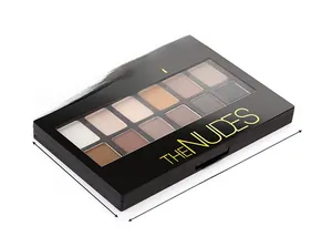 Detailed 45-degree angle view of a 12-color nude eyeshadow palette with matte and shimmer