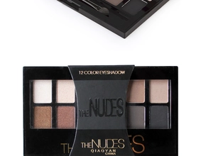 Macro view of 12-color nude eyeshadow palette with matte and shimmer neutral textures