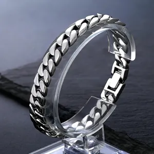 Polished S925 sterling silver Cuban link bracelet with secure fold-over clasp closure