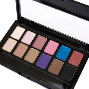 12-color nude eyeshadow palette with matte and shimmer shades in a black case with mirror