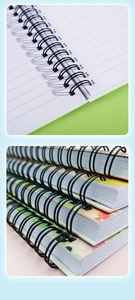 Close-up of black double-spiral binding and inner lined pages of floral notebooks