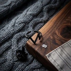 Macro detail of a matte black ECG heartbeat wave ring on a rustic wooden display