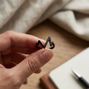 Detail of matte black minimalist mountain range ring held by hand over desk