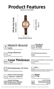 Detail view showing mineral glass mirror and water resistant features of the quartz watch