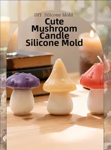 Detail of three colorful mushroom candles made from flexible DIY silicone molds
