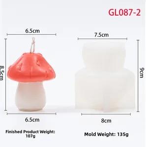 Detail view of 3D mushroom silicone mold and finished red wax candle with measurements