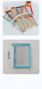Detail of 6-hole transparent PVC binder pocket with colorful fabric edges and metal zipper
