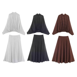 Completo Donna A Pois Chiffon Camicetta Maniche A Pipistrello Con Fiocco E Gonna Lunga Ad A Stile Vintage Streetwear