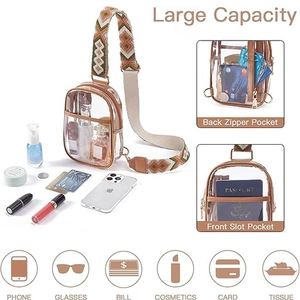 Clear PVC crossbody bag with brown leather trim and ethnic embroidered strap