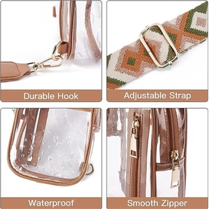 Clear PVC crossbody bag with brown leather trim and colorful bohemian guitar strap