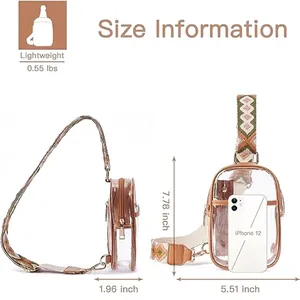 Transparent PVC chest bag showing size specs and iPhone 12 capacity comparison
