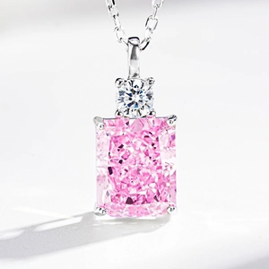 925 silver necklace with radiant cut pink gemstone and clear diamond pendant