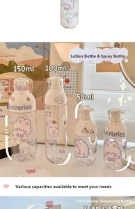 Macro shot of 50ml to 150ml clear spray bottles with cute cartoon rabbit patterns