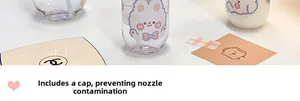 Detail view of transparent spray bottle with cartoon rabbit pattern and hygienic cap