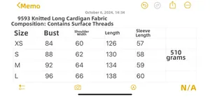 Detailed size chart for long knit cardigan 9593 showing XS to L measurements in cm