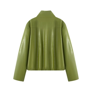Back view of a trendy avocado green PU leather jacket with a high collar and dropped shoulders