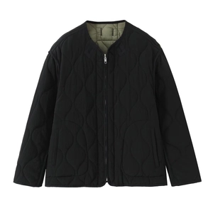 Women Reversible Quilted Jacket Diamond Pattern Loose Zip Up Round Neck Cotton Padded Coat Pocket Outerwear Autumn Winter