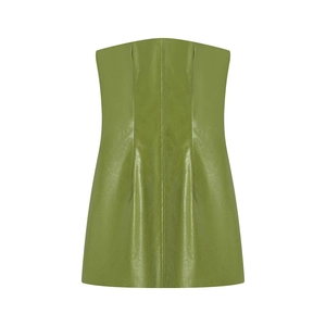 Fashionable olive green PU leather strapless mini dress with elegant slim fit tailoring
