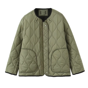 Detailed view of olive green quilted liner jacket with round neck and black edge binding