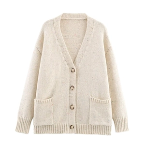 Women Casual V Neck Knit Cardigan Sweater Confetti Speckled Long Sleeve Button Up Top With Pockets Cotton Blend Knitwear