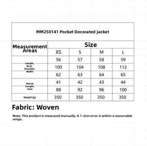 Detailed size chart for women's loose casual zip jacket with sleeve and chest measurements