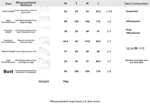 Tableau des tailles détaillé pour veste PU femme avec mesures de manches et de poitrine
