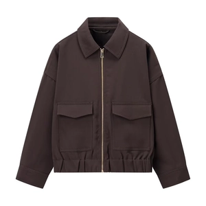 Women Casual Loose Zip-up Jacket Dark Brown Long Sleeve Lapel Collar Coat With Large Pockets Elastic Hem Streetwear Jacket