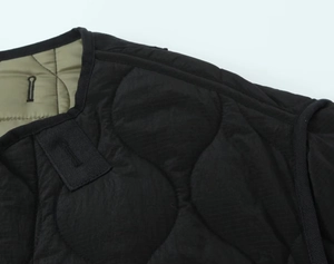 Detailed macro view of onion-quilted black vest with olive green lining and buttonhole