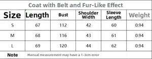 Size chart for faux fur belted jacket with measurements in cm for sizes S, M, and L