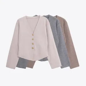 Women Elegant Knit Cardigan And Wide Leg Pants Solid Color V Neck Top With Gold Buttons Casual Fall Outwear