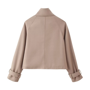 Back view of a short camel wool jacket for women with stand collar and raglan sleeves