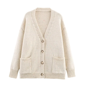 Chic cream-white V-neck knit cardigan with colorful speckled yarn and ribbed cuffs