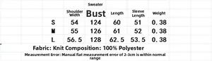 Detailed size chart with measurements for women's V-neck knit sweater in S, M, L sizes