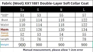 Size guide for wool coat with double collar showing bust sleeve and length measurements