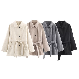 Women Elegant Woolen Coat Lapel Single Breasted Short Overcoat With Waist Belt Fashion Warm Autumn Winter Ladies Outerwear