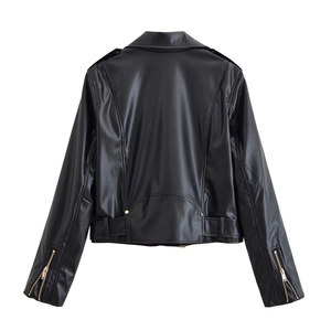 Vue arrière du blouson motard en similicuir noir avec col et zips aux manches