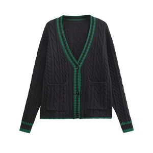 Women's black V-neck cable knit cardigan with green contrast stripes and large pockets