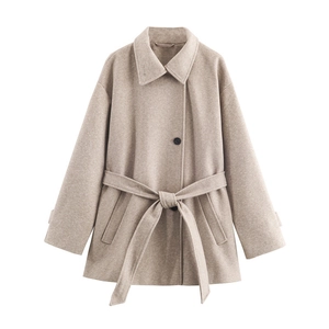 Detail of khaki wool coat showing double-layered collar, buttons and textured fabric