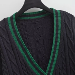 Women's black cable knit cardigan with green V-neck stripes and stylish texture
