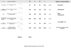 Detailed size chart and fabric guide for faux fur collar jacket with measurement tips