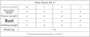 Size chart table for women blazer jacket with measurements for XS S M and L sizes