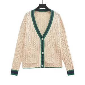 Chic beige cable knit cardigan with vintage contrast stripes and classic V-neck design