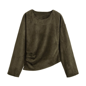 Women Long Sleeve Top Faux Suede Ruched Waist Round Neck Loose Fit Casual Streetwear Autumn