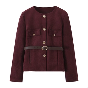 Detail view of burgundy faux suede jacket with gold buttons and slim brown leather belt