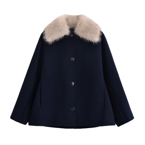 Macro shot of faux fur collar and wool texture on navy blue jacket with buttons