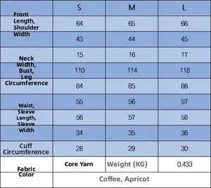 Detailed size guide table for V-neck long sleeve knit cardigan in S, M, L sizes