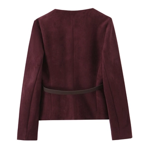 Rear view of a burgundy suede cropped jacket featuring a modern waist belt detail